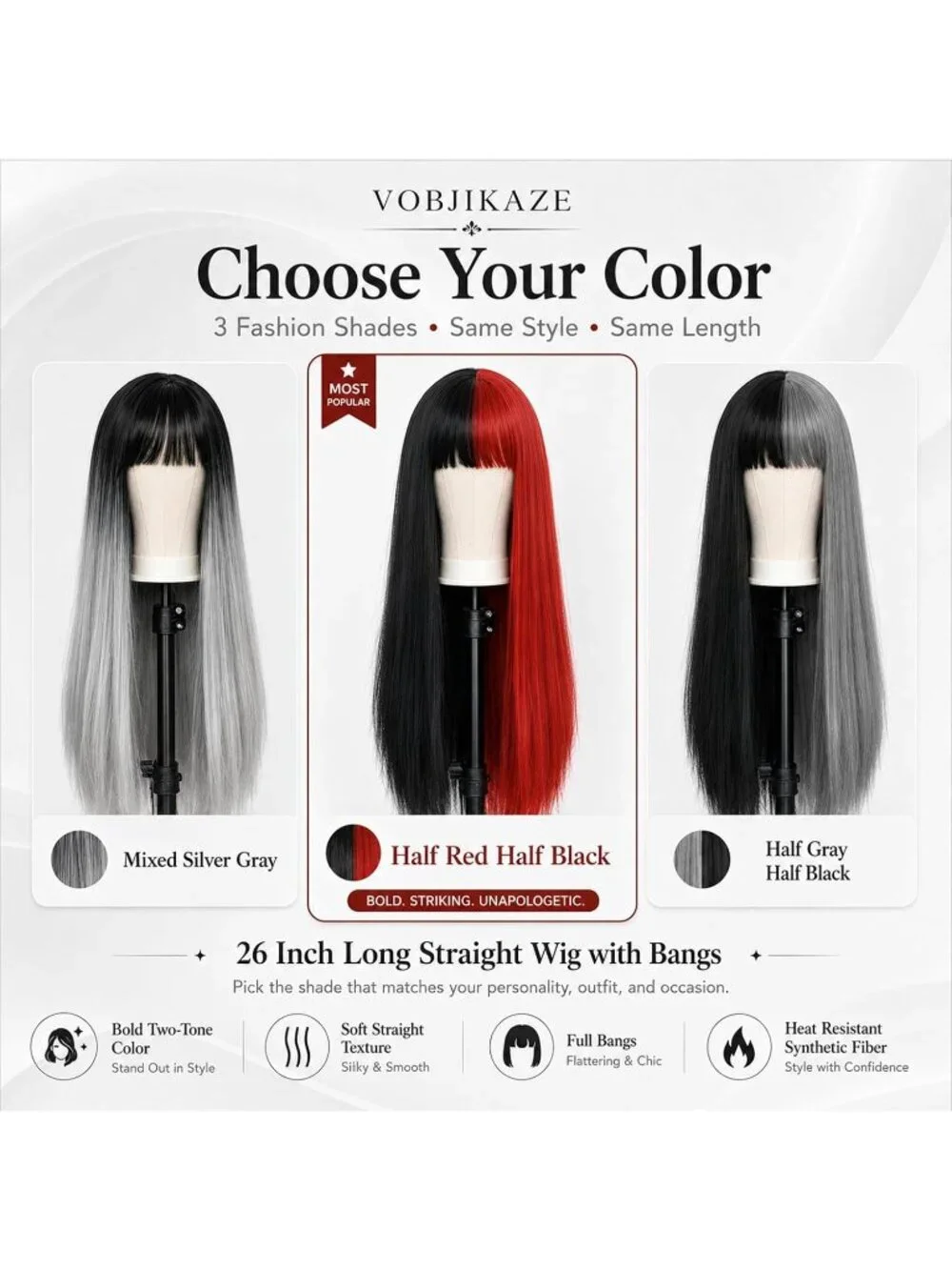 Women's Red Black 26 Inch Heat Resistant Synthetic Long Straight Wigs Bangs